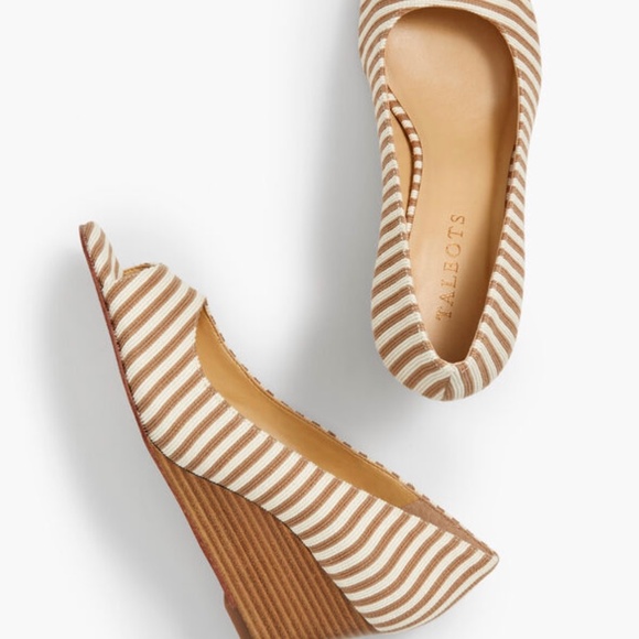 Talbots Shoes - Talbots Royce Peep-Toe Wedge Heels Tan & Ivory Stripe - Size 10